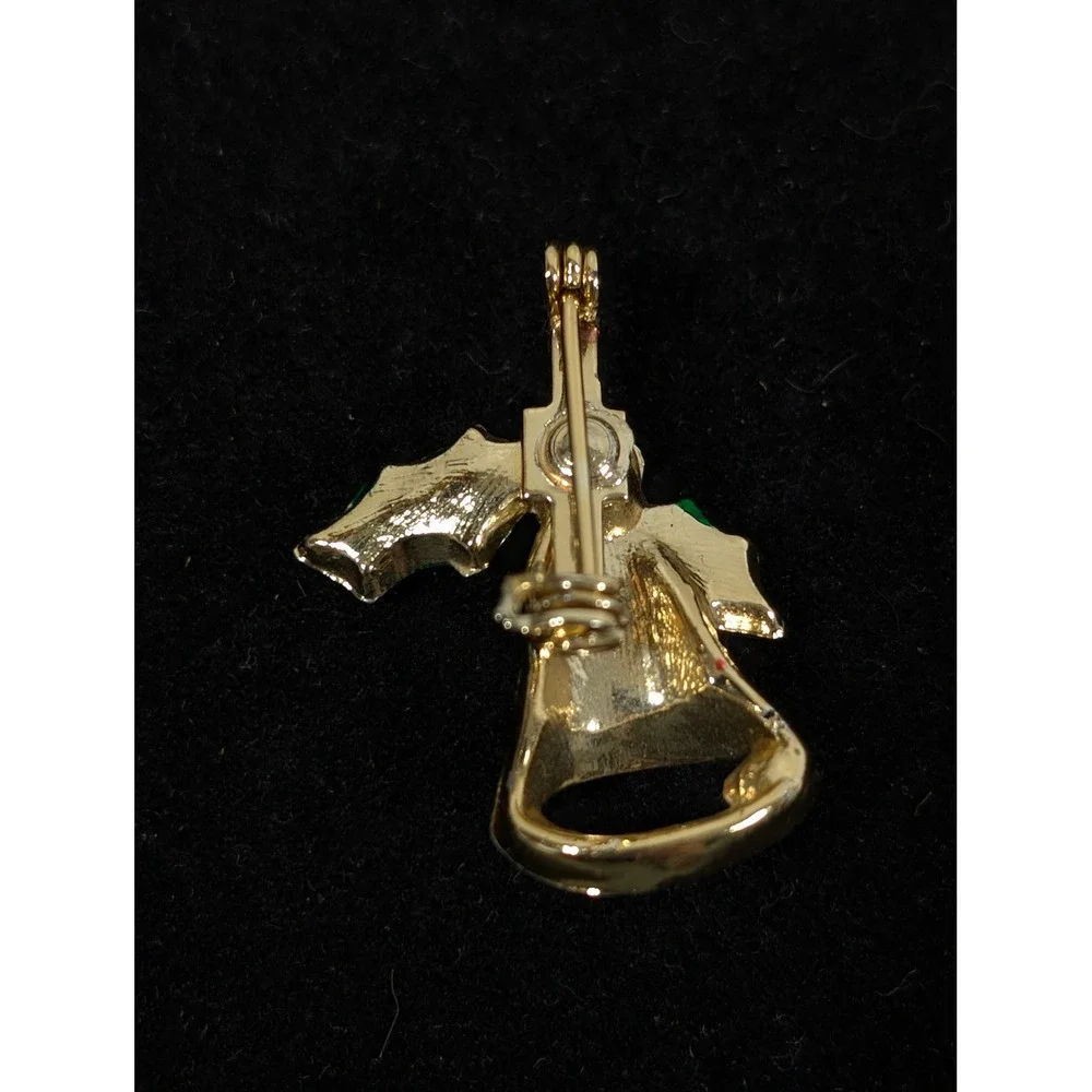 Vintage Christmas Bell Brooch Gold‎ Tone Holly Holiday Pin Retro